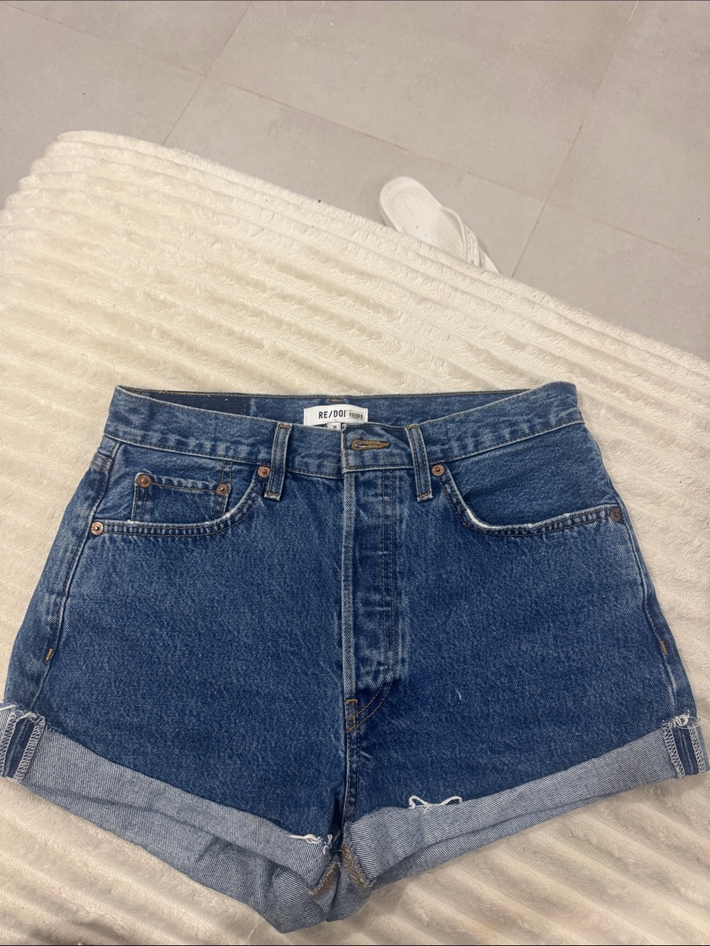 Re/Done Dark Blue Cuffed High-Rise Denim Shorts